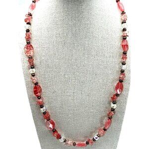 Vintage Pink Glass Bead & Rose Quartz Necklace With Toggle Clasp - 20 Inches